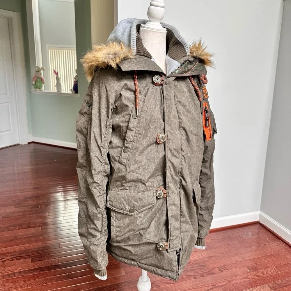 Superdry + MicroFibre‎ The SD3 Parka Army Green Grey Faux Fur Lined Hood Large